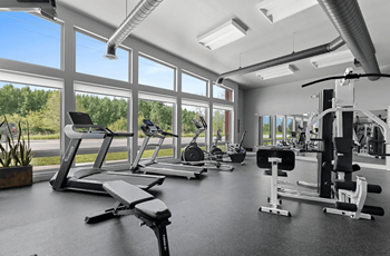 A gym with treadmills, weights, and exercise equipment.